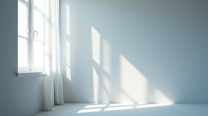 Aufkleber - Sunlight streams through sheer curtains illuminating a minimalist room's interior wall
