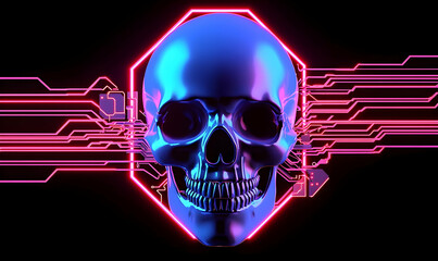 Poster - Futuristic Neon Skull with Circuit Design in Dark Background