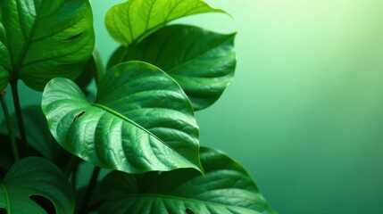 Aufkleber - Vibrant Green Foliage Against a Soft Emerald Background, Showcasing the Intricate Veining and Textural Details of Lush, Healthy Leaves