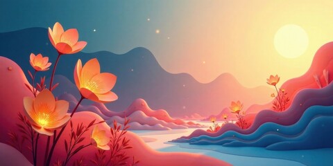 Poster - Serene Sunset Landscape with Glowing Flowers in a Dreamlike Valley