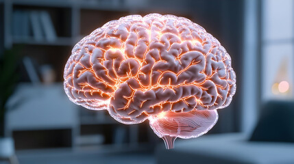 Poster - Futuristic 3D Model of a Glowing Human Brain in Modern Interior