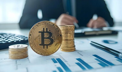 Poster - Bitcoin Coin on Financial Background with Businessman in Focus