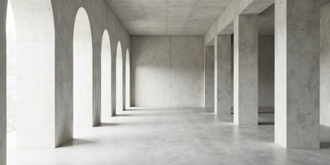 Poster - Serene Minimalist Concrete Architecture A Study in Light and Shadow, Featuring Arched Entryways and Sleek Pillars