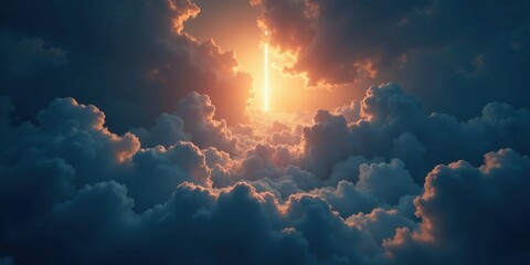 Aufkleber - A radiant beam of light pierces through a dramatic expanse of clouds, creating a breathtaking celestial scene