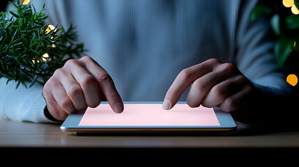 Poster - Person Using Tablet with Fingers, Soft Glow and Plants in Background