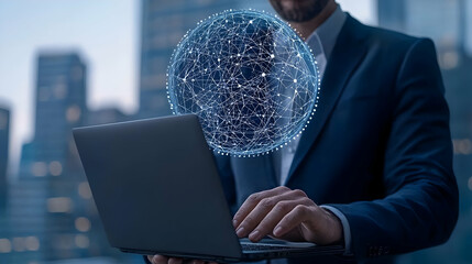 Poster - Businessman Using Laptop with Digital Globe Network Visual Overlay