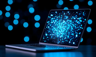 Poster - Laptop with Bright Blue Bokeh Lights on the Screen and Background