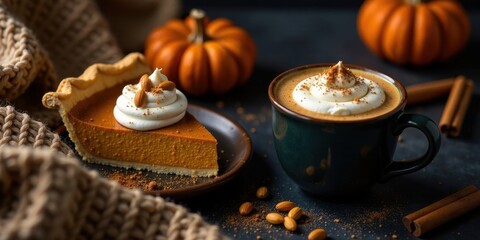 Aufkleber - A delectable slice of pumpkin pie, adorned with whipped cream and almonds, complements a warm spiced beverage in a dark mug, all nestled amongst autumnal elements.