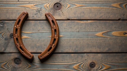 Aufkleber - Two Rustic Brown Horseshoes on Weathered Wooden Surface