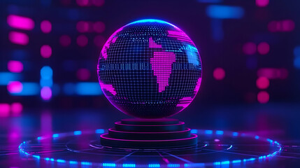 Poster - Futuristic Neon Globe with Digital Grid and Vibrant Colors