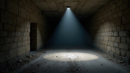 Leinwandbilder - A single spotlight illuminates a dimly lit, stone-walled passageway, revealing a dusty floor and a side passage