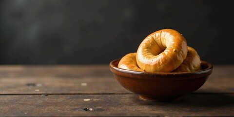 Poster - Golden-brown baked rings arranged in a rustic bowl on a dark wooden surface