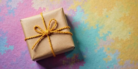 Aufkleber - A small gift, thoughtfully wrapped in kraft paper and tied with a delicate yellow twine bow, rests on a pastel-colored background.