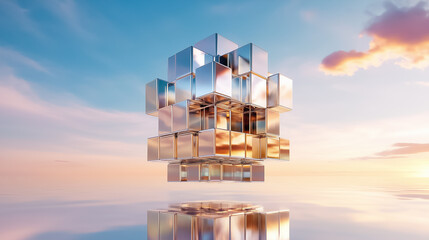 Poster - In a mesmerizing display, a giant cube formed by numerous smaller cubes floats gracefully in the void, reflecting serene hues of the sky. A captivating blend of geometry and imagination unfolds