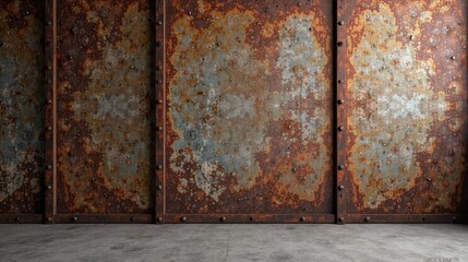 Poster - Rustic Industrial Metal Wall with Weathered Texture and Concrete Floor, Ideal for Backgrounds and Design Projects