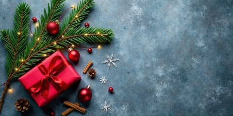 Aufkleber - Festive Season Presents and Evergreen Branch with Sparkling Lights on Textured Surface