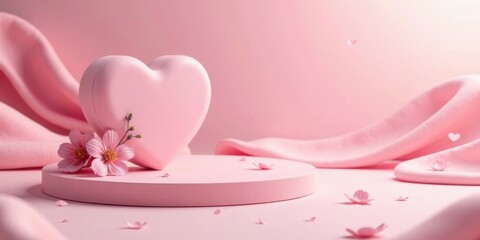 Aufkleber - A delicate pink heart rests on a minimalist pedestal, adorned with soft blossoms and surrounded by flowing fabric, creating a serene and romantic ambiance.