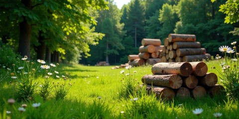 Poster - Serene woodland meadow with neatly stacked timber logs and blooming daisies in lush green grass