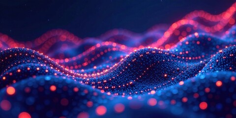 Poster - Abstract Glowing Particle Landscape  A mesmerizing display of undulating forms illuminated with vibrant red and blue lights.