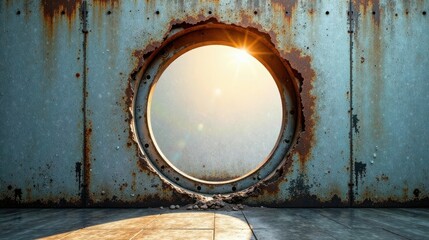 Poster - Rustic Metal Wall with Circular Opening Revealing a Bright, Sunlit View