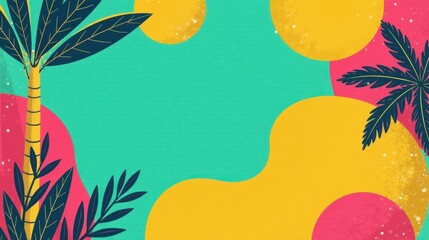 Poster - Vibrant Tropical Summer Background with Abstract Shapes and Palm Trees, Ideal for Various Design Projects