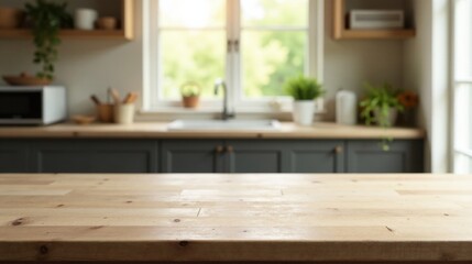Poster - Light wood kitchen counter top with blurred background of farmhouse style kitchen