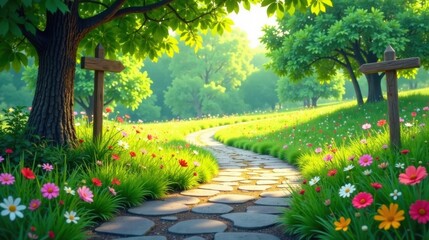 Poster - Serene Pathway Winding Through a Lush Meadow of Vibrant Blossoms and Towering Trees, Guided by Simple Wooden Signposts