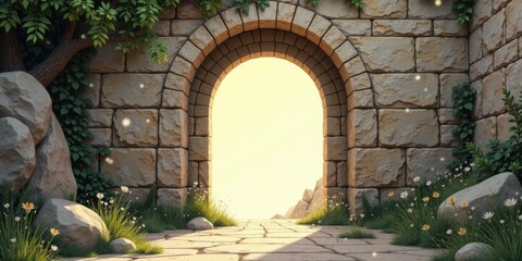 Poster - Stone archway leading to a sunlit path, framed by lush greenery and wildflowers, creating a serene and mystical passage