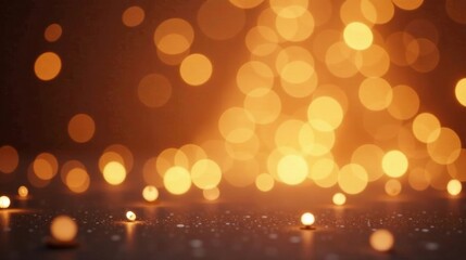 Poster - Golden bokeh lights shimmer on a dark surface, creating a warm and inviting festive backdrop for design projects.