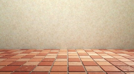 Poster - Rustic Terracotta Tile Floor Against a Textured Beige Wall Background, Ideal for Product Displays and Interior Design Presentations