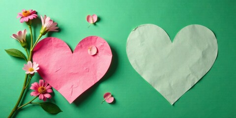 Poster - Pink and mint heart shapes with delicate flowers on a green backdrop