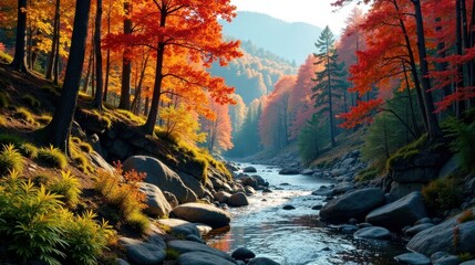 Aufkleber - Serene Autumn River Flowing Through a Vibrant Forest Landscape of Crimson and Gold Foliage