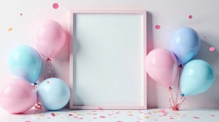 Aufkleber - Pastel Balloons and Blank Frame A Festive Scene for Announcements or Invitations