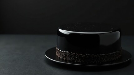Aufkleber - A single, elegantly presented dark chocolate mousse cake with a mirror glaze, adorned with a delicate chocolate crumble, rests on a sleek black plate against a deep black backdrop.