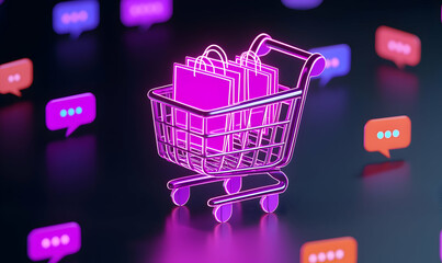 Poster - Shopping Cart with Colorful Speech Bubbles in Futuristic Style