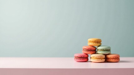 Poster - A Delightful Arrangement of Pastel-Colored Macarons on a Pink Surface Against a Soft Blue Background