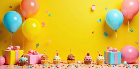 Poster - A vibrant celebration scene featuring colorful balloons, festively wrapped gifts, and delightful cupcakes, perfect for a joyful occasion