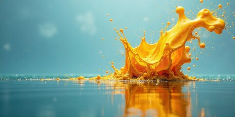 Leinwandbilder - Dynamic Splash of Vibrant Golden Liquid Creating an Abstract Composition on a Serene Surface