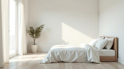 Aufkleber - Serene Minimalist Bedroom with Sunlight Streaming Through Sheer Curtains and a Light Wood Bed