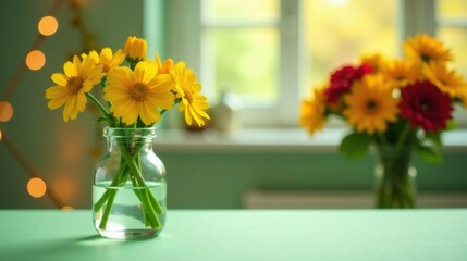 Poster - Bright Yellow Flowers in a Glass Vase on a Table Near a Window