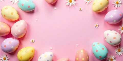 Poster - Pastel Easter Eggs and Daisies Frame on Pink Background