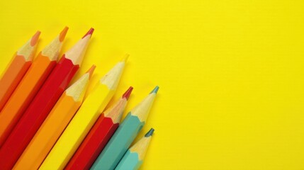 Poster - Vibrant colored pencils arranged on a sunny yellow background, ready for creative expression and artistic endeavors.