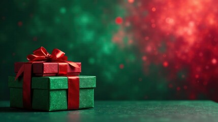 Poster - Stack of Emerald and Crimson Presents with Festive Red Ribbon Bow on Dark Green Surface