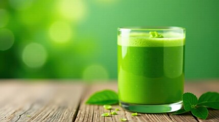 Poster - Refreshing Green Juice in Glass on Wooden Table with Leaves