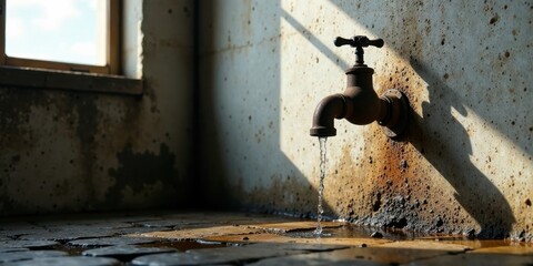 Poster - rustic aged metallic faucet dispensing water onto weathered stone surface near window