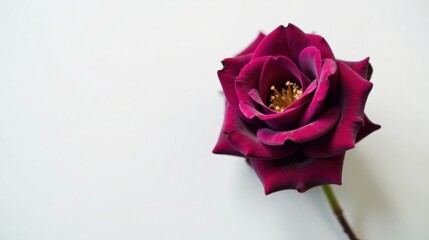 Poster - A single deep crimson rose blossom, elegantly displayed against a minimalist white background, showcases the intricate details of its velvety petals and golden stamen.