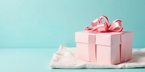 Poster - A delicately wrapped pink gift box adorned with a candy cane bow sits on a soft cream fabric against a serene aqua background