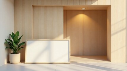 Fototapete - Minimalist Interior Design Mockup Blank Canvas in Light Wooden Room with Plant