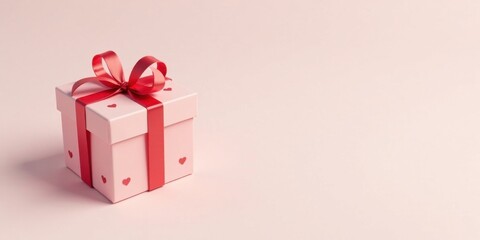 Poster - A Pink Gift Box with a Red Ribbon Bow, Decorated with Small Hearts, on a Pale Pink Background