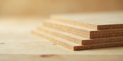 Poster - Close-up View of Stacked Wood Sheets, Showing Detailed Grain and Texture, Ideal for Construction and Crafts